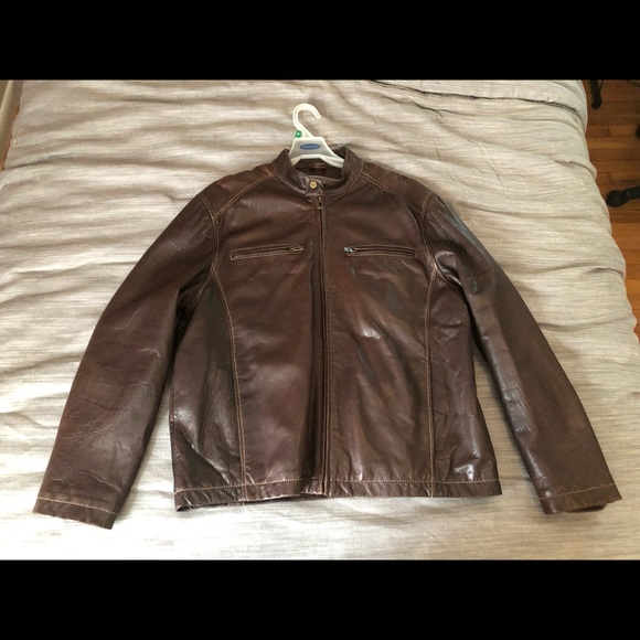 Men’s Guess Brown Genuine Leather Moto Jacket. - Picture 1 of 6